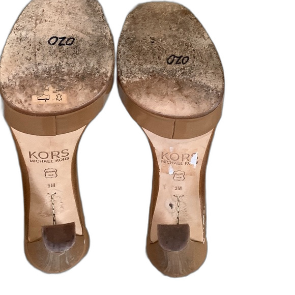 KORS Michael Kors Tan Patent Leather Strappy High Heel Platform Sandals Size 9 - Picture 6 of 8